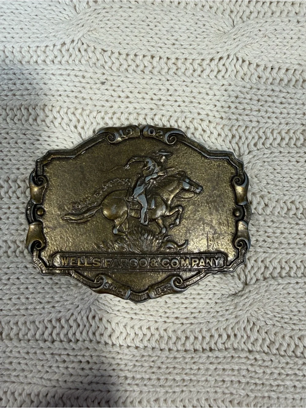 Wells Fargo Horse & Rider Decorative Belt Buckle - Antique Brass Finish